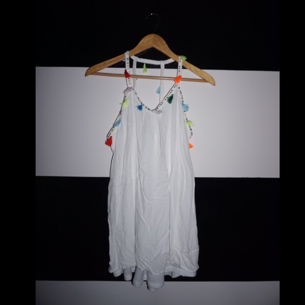 White Flowy Top with Colorful Tassels and Beads